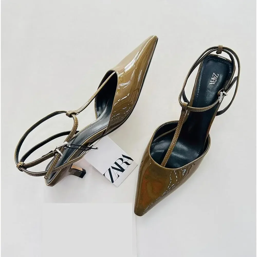 Zara Olive Green Pointed Toe T-Strap Slingback Heels NWT - Picture 9 of 16
